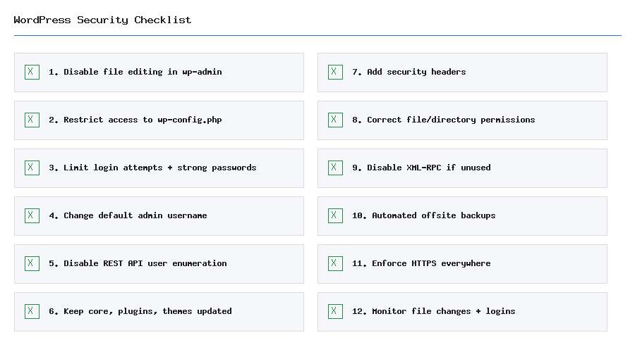 WordPress Security Checklist: 12 Steps to Harden Your Site WordPress security checklist infographic - 12 steps