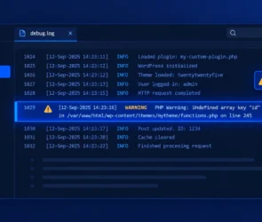 WordPress developer debugging PHP errors using WP_DEBUG and the debug.log file