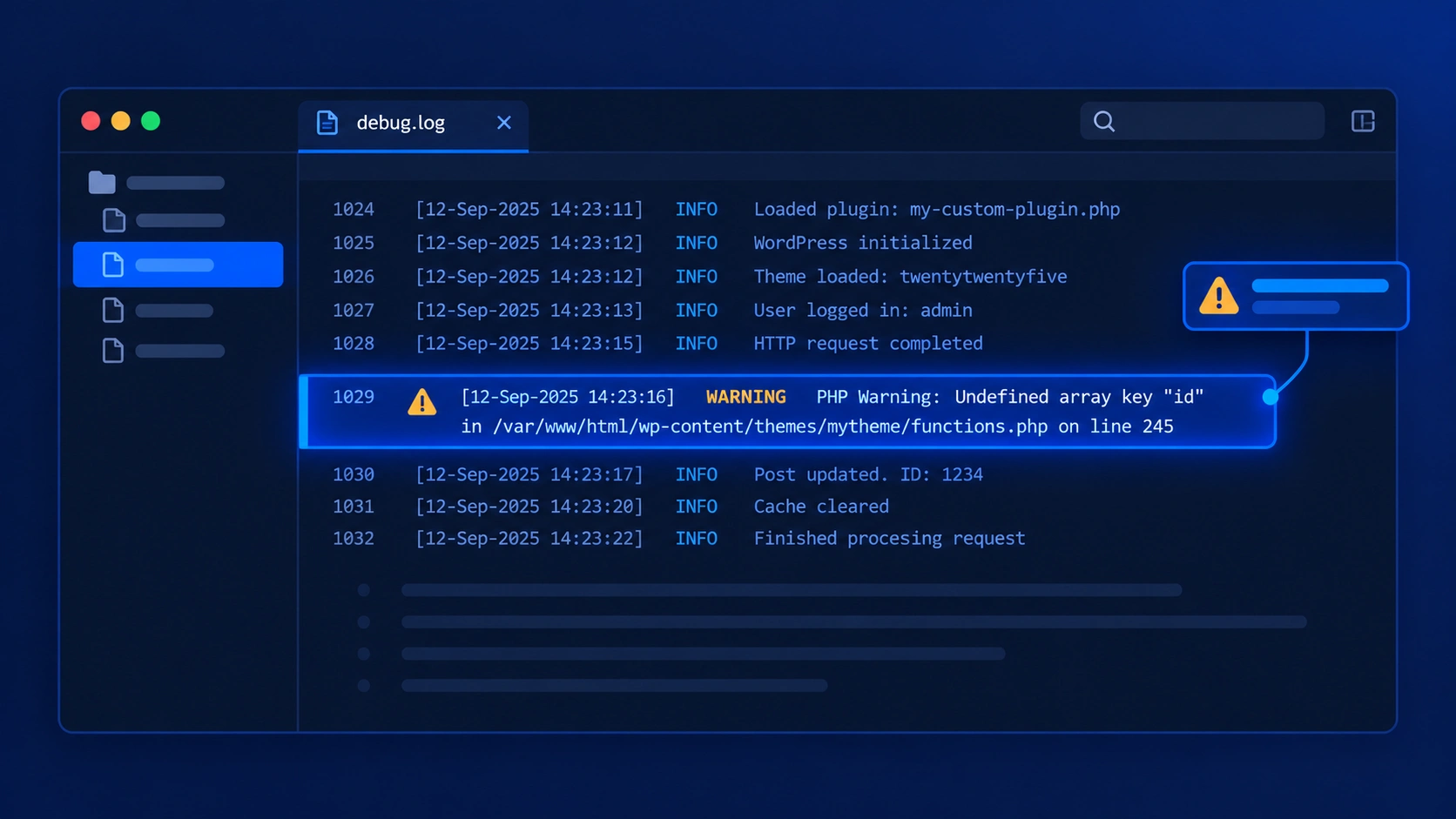 WordPress developer debugging PHP errors using WP_DEBUG and the debug.log file