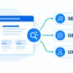 Flat vector illustration of a website connected to SEO, GEO, and UX indicators
