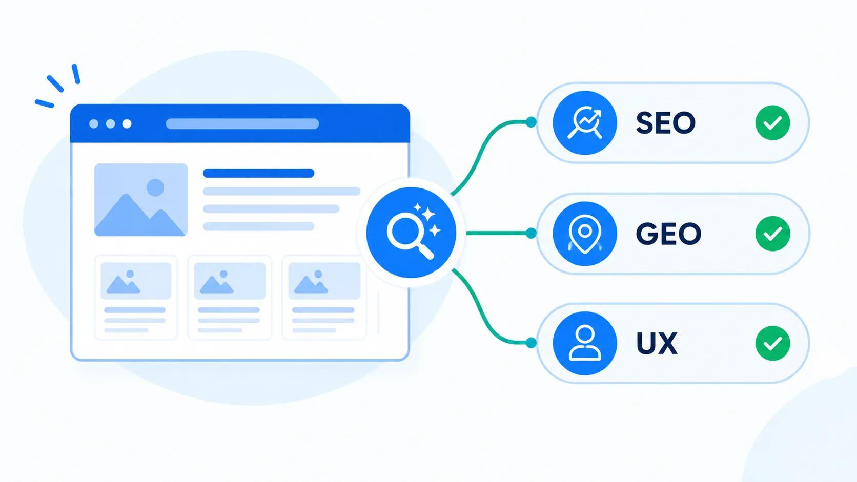 Flat vector illustration of a website connected to SEO, GEO, and UX indicators